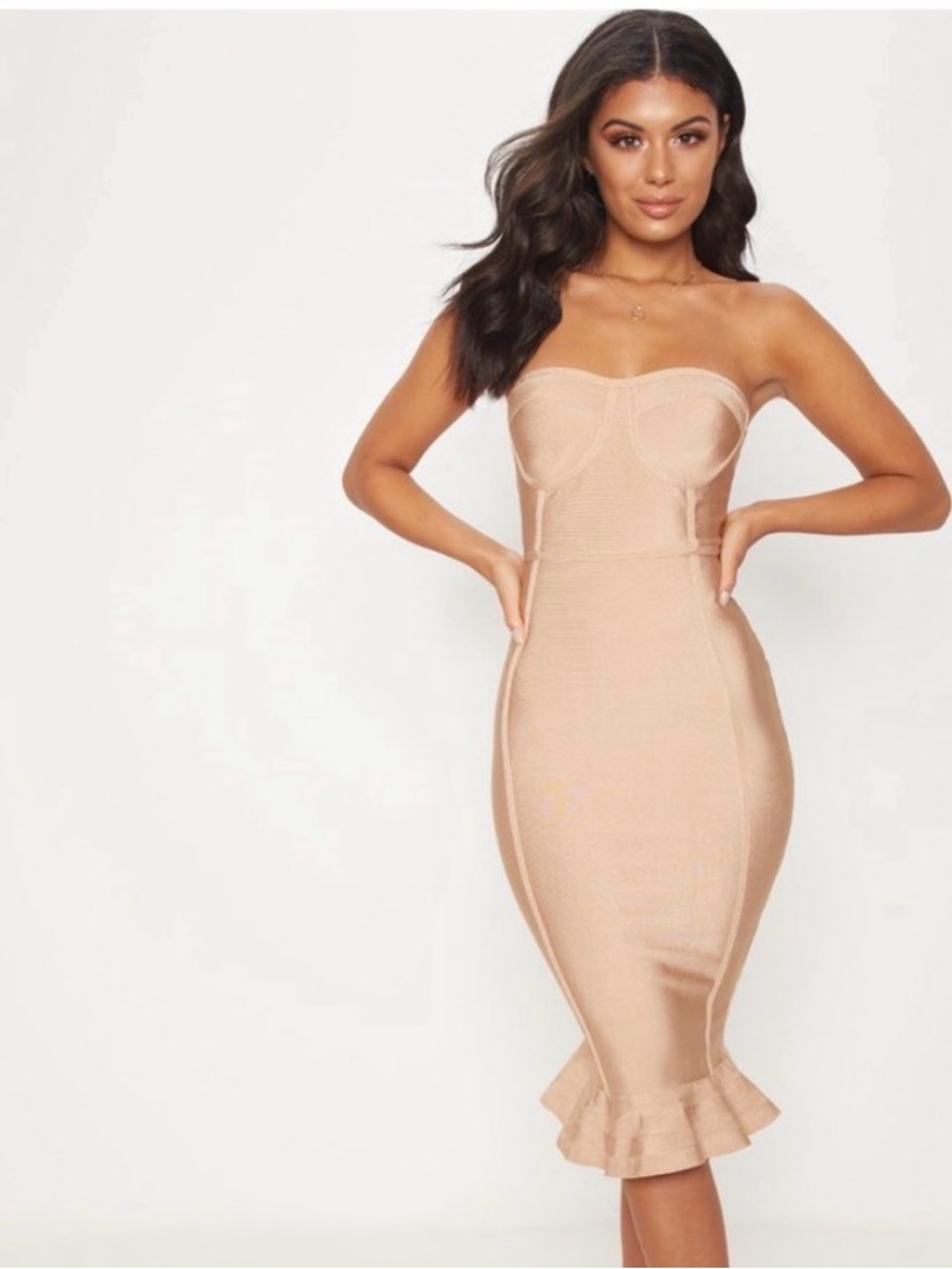 PrettyLittleThing Nude Strapless Bodycon Midi Dress